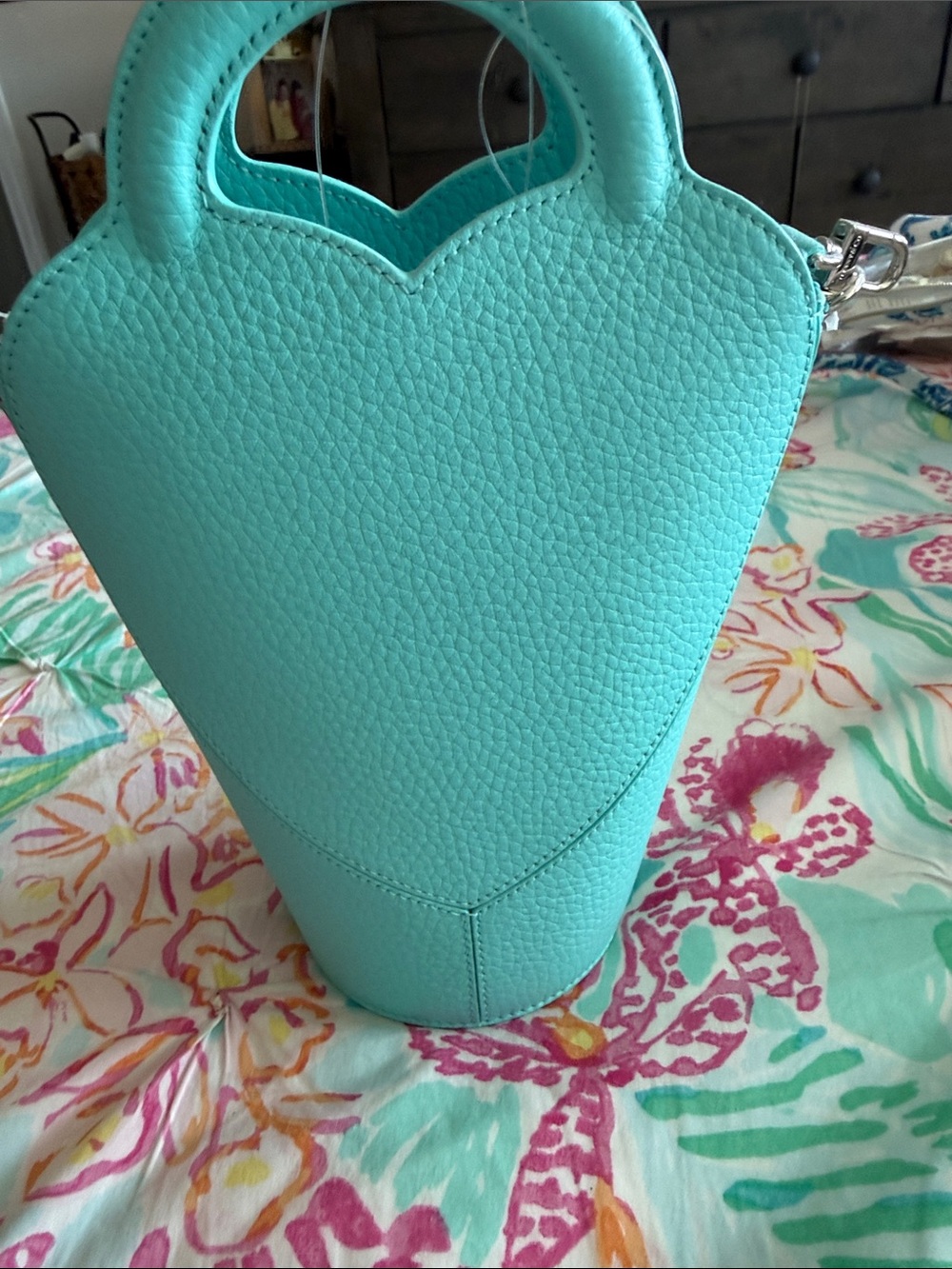 Tiffany & Co. Aqua Pebbled Leather Heart-Top Crossbody Bag - Picture 3 of 8